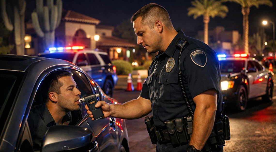 A police officer conducting a DUI sobriety checkpoint at night on a street in Arizona with police cars and flashing lights.