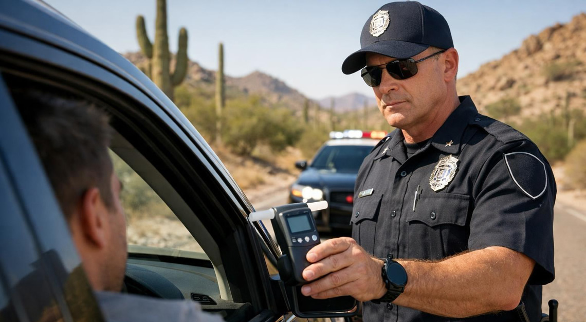 Police officer administering a breathalyzer test to a driver beside a car on a sunny Arizona desert road.