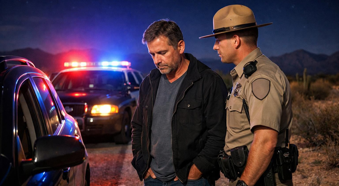 A police officer talks to a man beside a stopped car at night on a desert highway with police lights flashing.