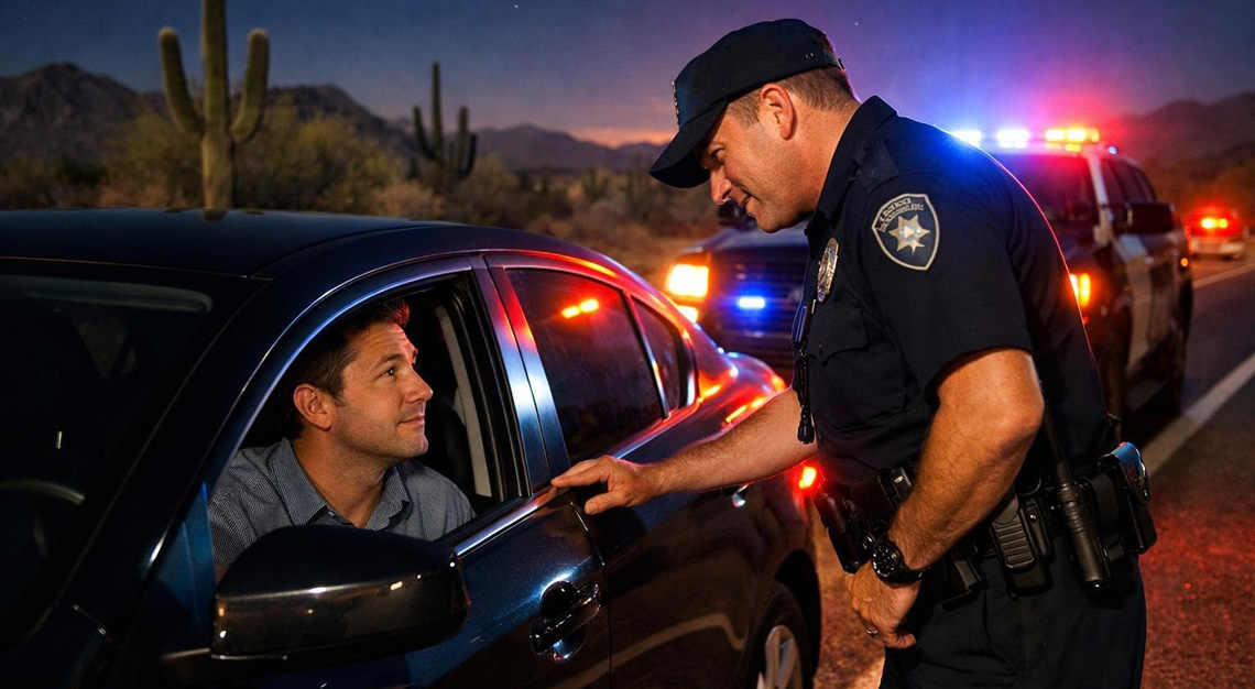 A police officer talks to a driver during a nighttime traffic stop on a desert highway in Arizona.