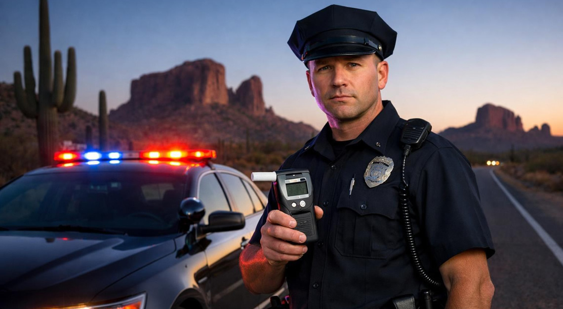 Police officer conducting a roadside DUI checkpoint on a desert highway in Arizona at dusk.