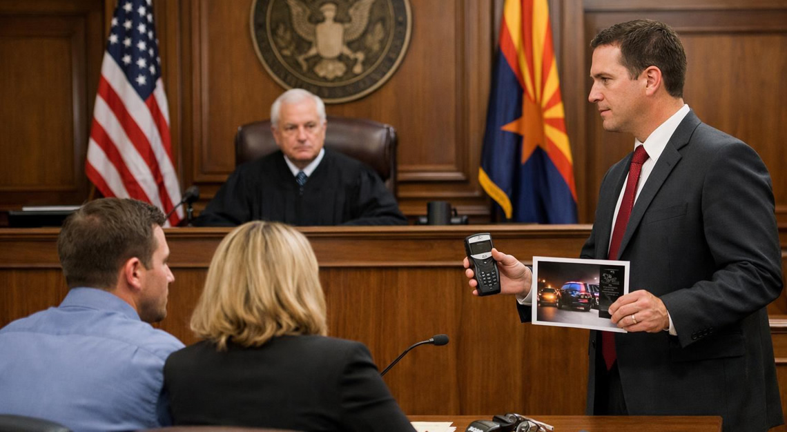 A courtroom scene with a judge, defendant, lawyer, and prosecutor during a legal proceeding.