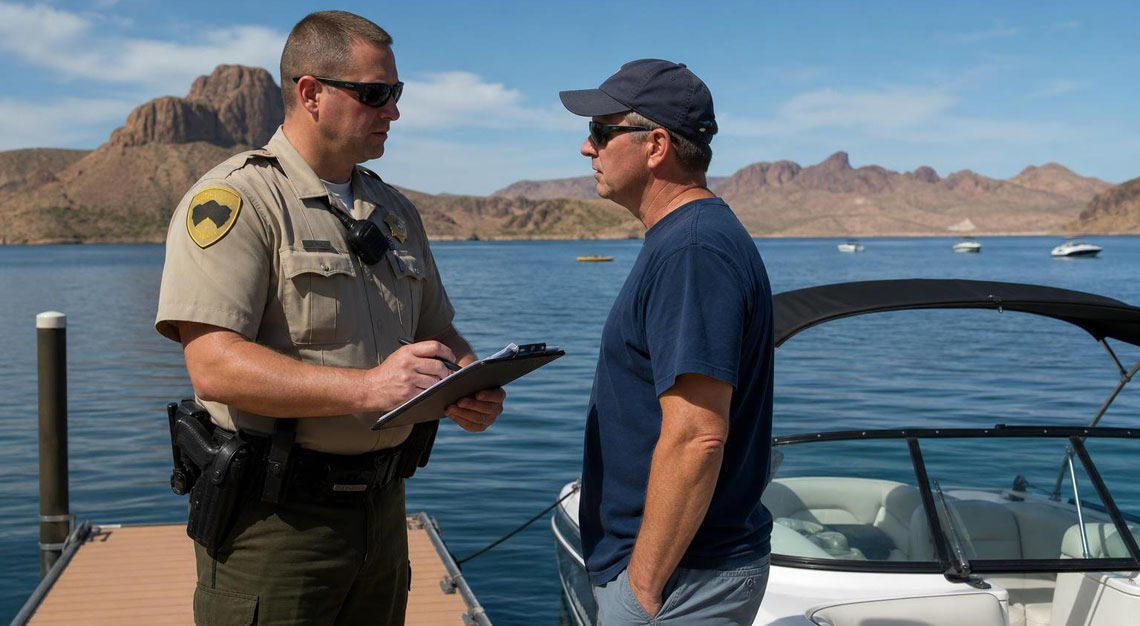 An Arizona law enforcement officer talks to a man next to a boat on a calm lake with desert hills in the background.