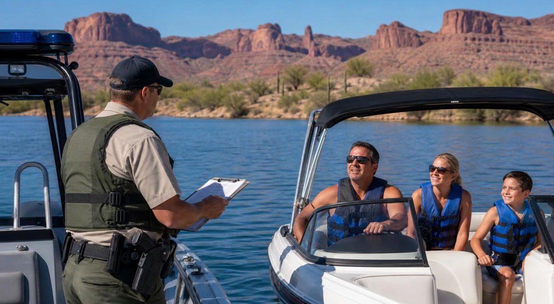 A uniformed officer in a patrol boat stopping a recreational boat on a calm lake surrounded by Arizona desert landscape.