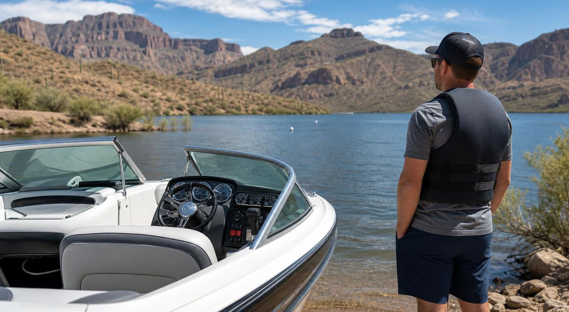 A man wearing a life jacket stands near a motorboat on a calm lake with desert mountains in the background.