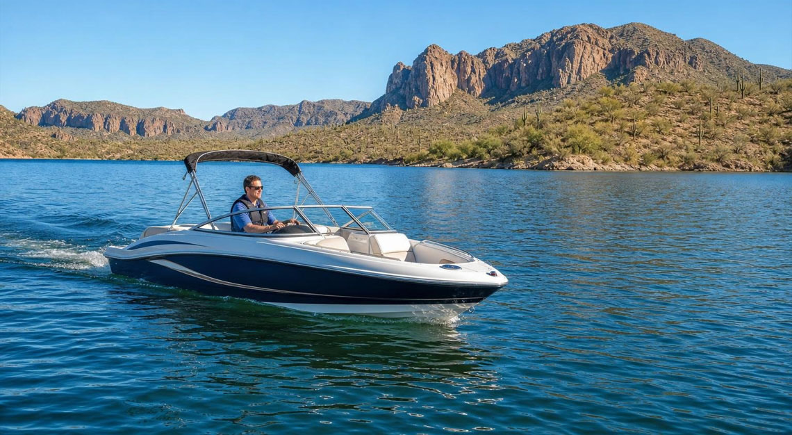 A motorboat on a calm lake in Arizona with desert mountains in the background and a person wearing a life jacket steering the boat.