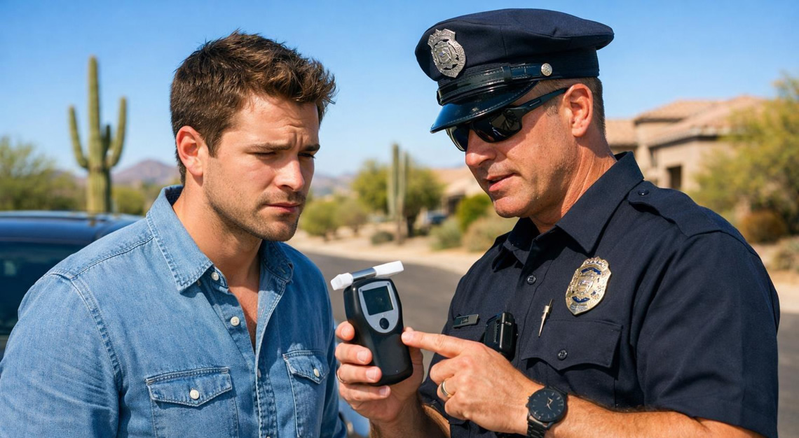 A young man standing next to a police officer holding a breathalyzer device by a parked car on a sunny street with desert plants in the background.