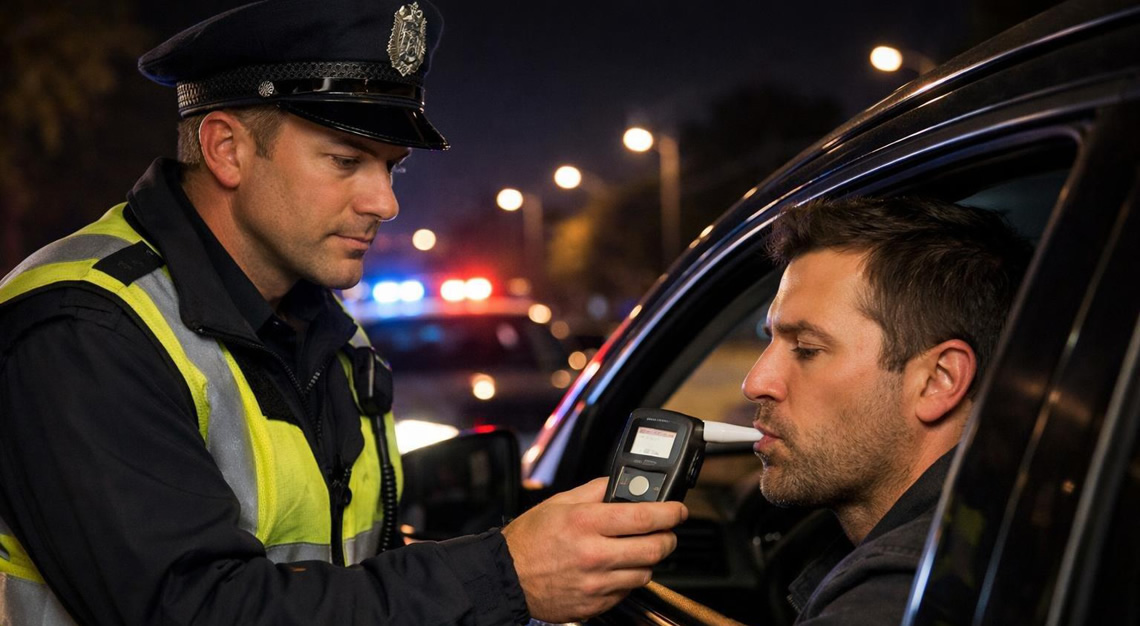 A police officer administering a breathalyzer test to a driver in a car at night on a roadside.