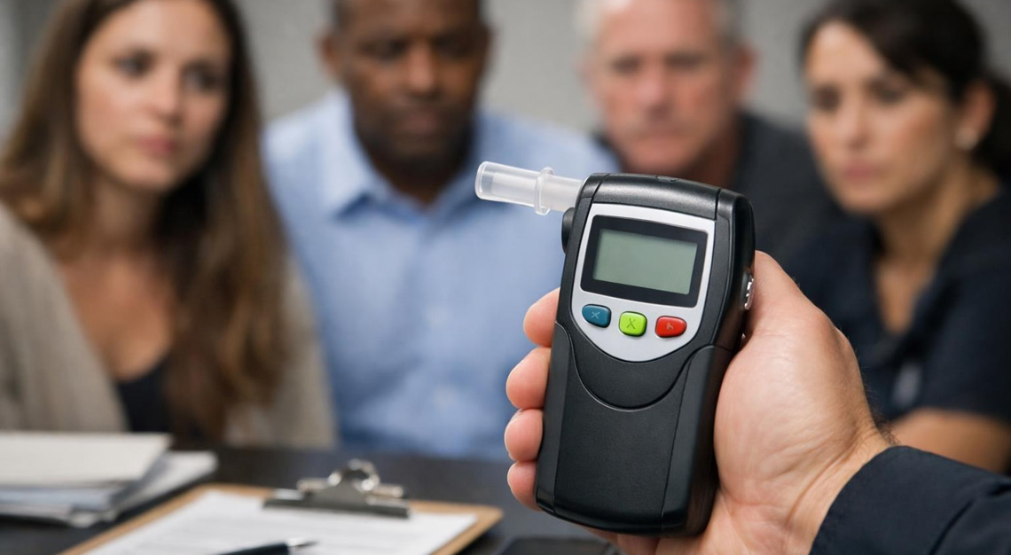 Close-up of a person using a breathalyzer device indoors with others watching in the background.