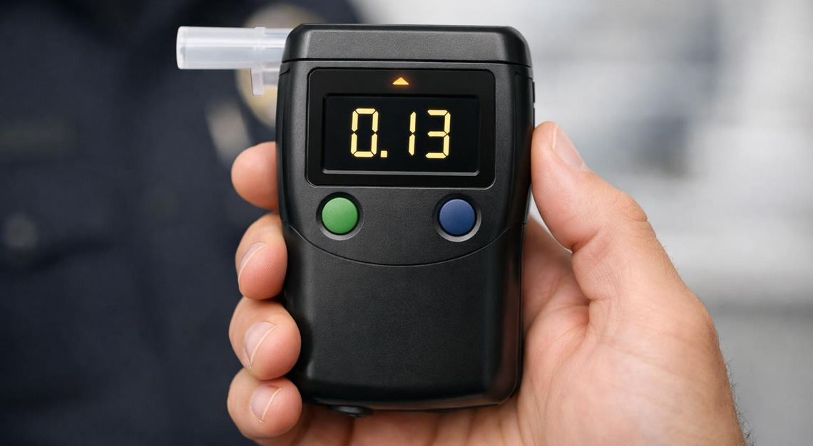 A person holding a breathalyzer device showing a numerical reading in a clinical or law enforcement setting.
