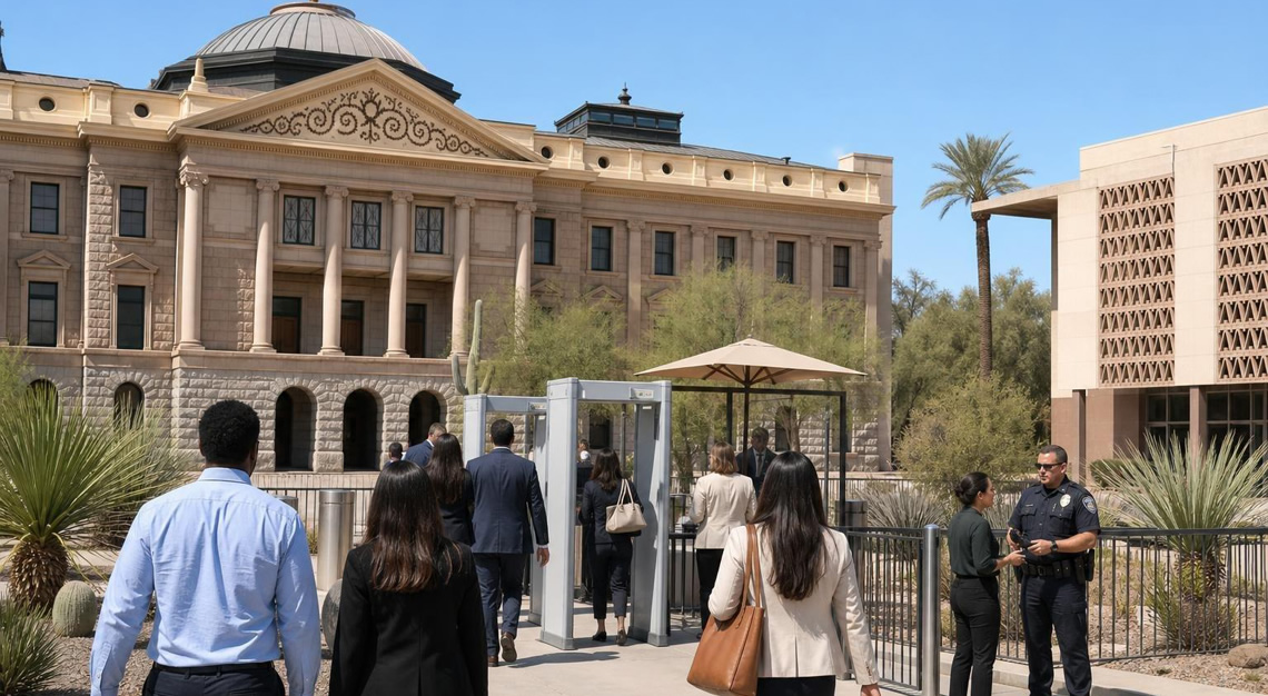 People walking near a government building in Arizona with a police officer standing by the entrance and desert plants around.