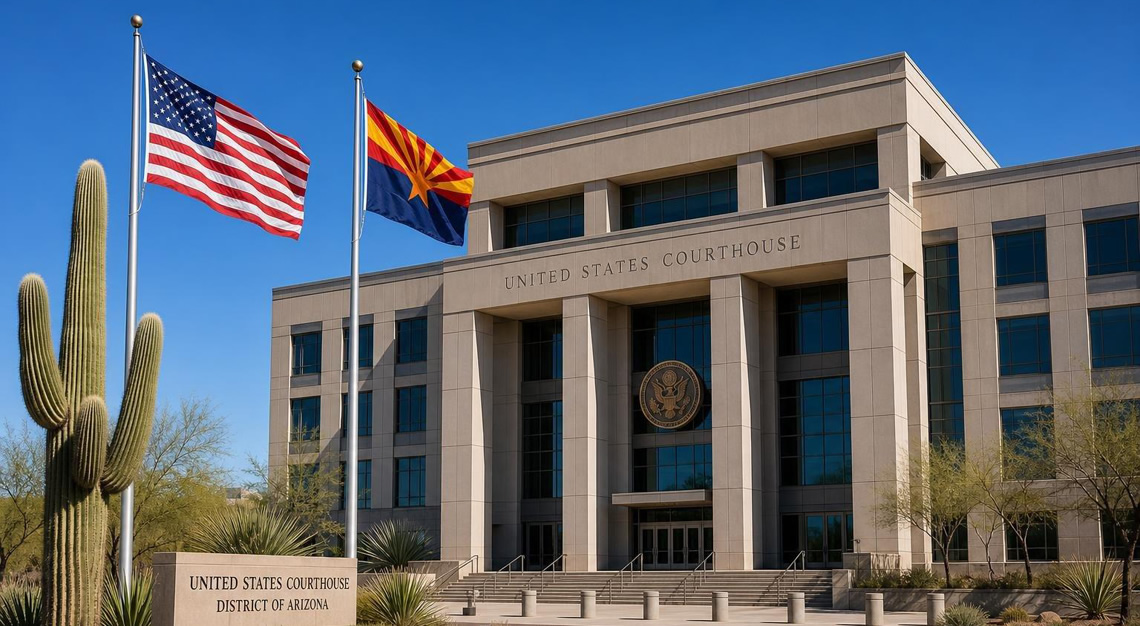 A modern federal government building in Arizona with American and Arizona flags outside, surrounded by desert landscaping under a clear blue sky.