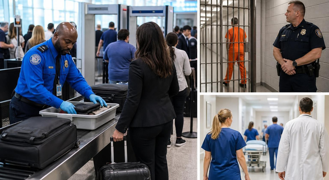 Security personnel and law enforcement officers working in an airport, jail entrance, and hospital corridor.