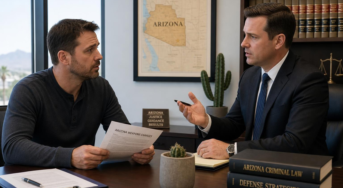 A man talks seriously with a lawyer in an office, discussing legal documents with a small Arizona map and a cactus plant in the background.