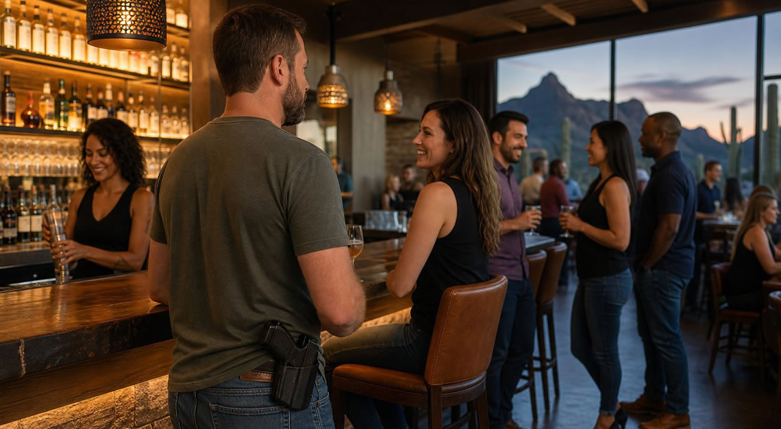 People socializing in a modern bar with a person standing near the bar wearing a visible holstered firearm on their belt.