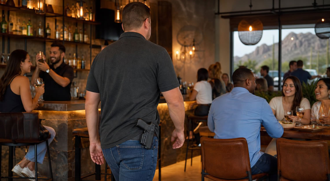 A person with a holstered handgun inside a busy bar or restaurant with patrons drinking and eating.