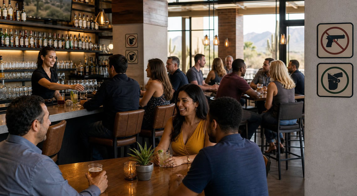Interior of a bar with people socializing and drinking, featuring subtle signage about firearm carry rules.
