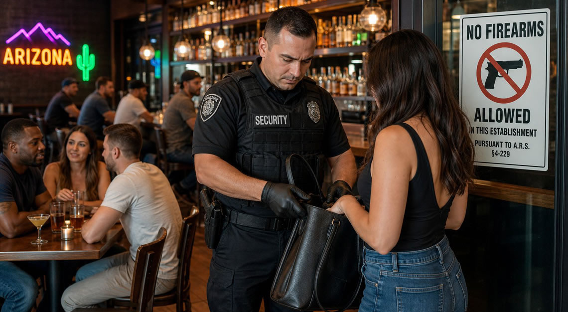 A security officer checks a person's bag inside a busy bar with people drinking and talking.