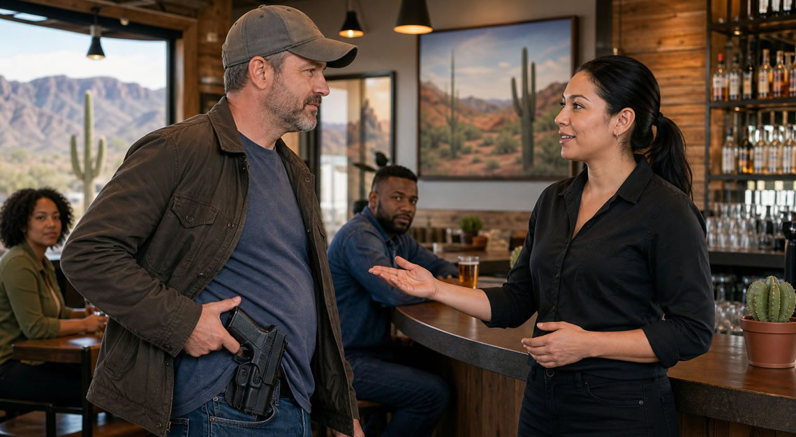 People having a calm conversation in a bar with one person discreetly carrying a firearm in a holster.