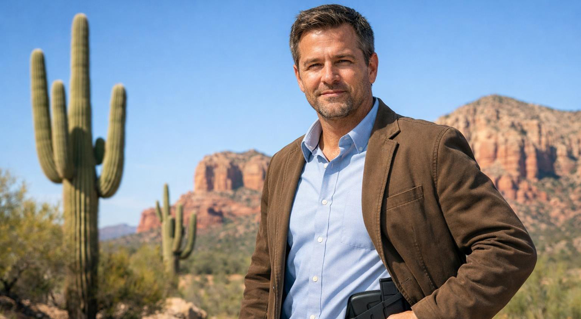 A person standing outdoors in an Arizona desert landscape with cacti and red rocks, wearing a jacket with a concealed holster underneath.