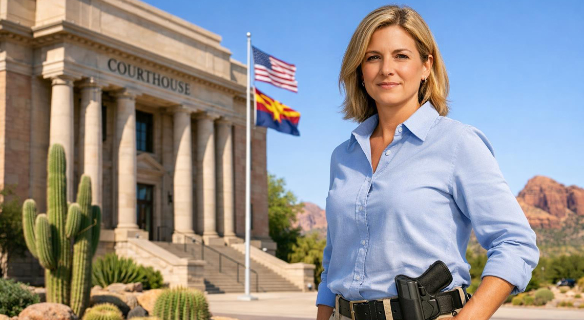 A person standing outside an Arizona government building with a holstered handgun, surrounded by desert plants and red rock formations.