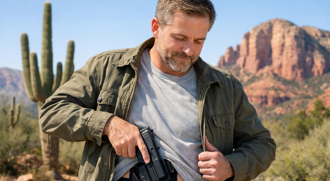 A person outdoors in a desert setting in Arizona, discreetly carrying a handgun in a holster under their clothing.