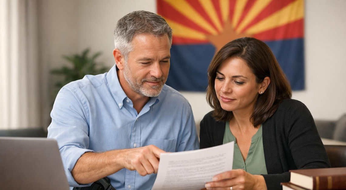 A man and woman reviewing documents together at a table with legal books and a laptop, with an Arizona state flag in the background.
