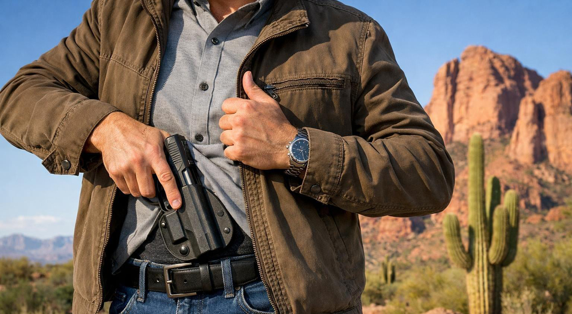 An adult outdoors in a desert setting adjusting a concealed holster under their jacket.