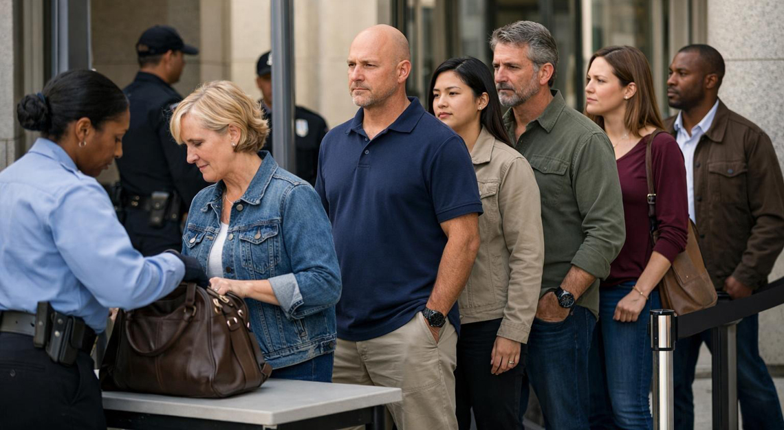 A diverse group of adults standing outside a public building with security personnel and metal detectors, showing a controlled access area.