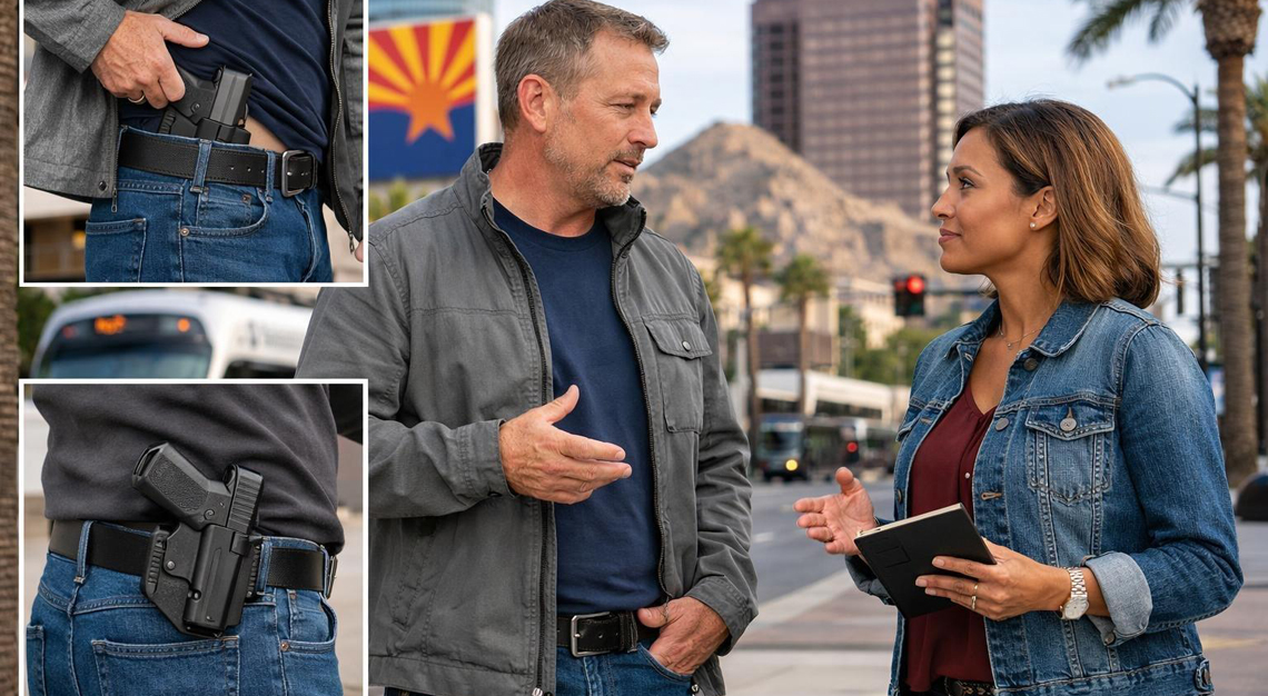 A man and woman in a city setting discussing different ways to carry a handgun, with the man showing concealed and open carry methods near Arizona landmarks.