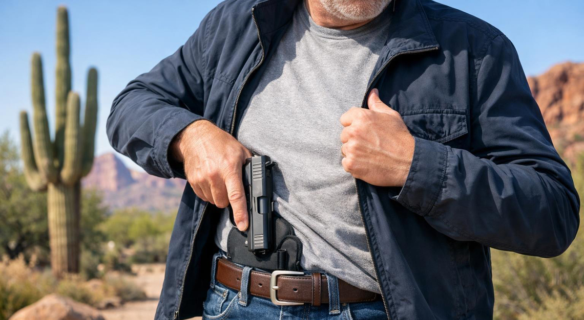 A person outdoors in a desert setting in Arizona discreetly holstering a handgun under their jacket.
