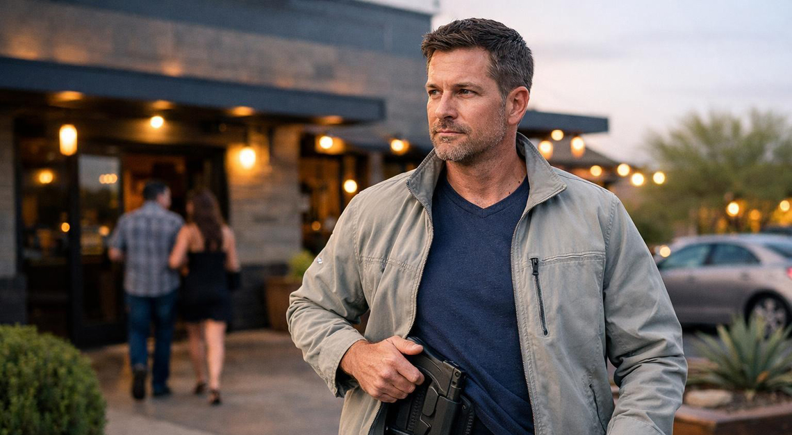 A man standing outside a bar in the early evening, wearing a concealed carry holster under his jacket.