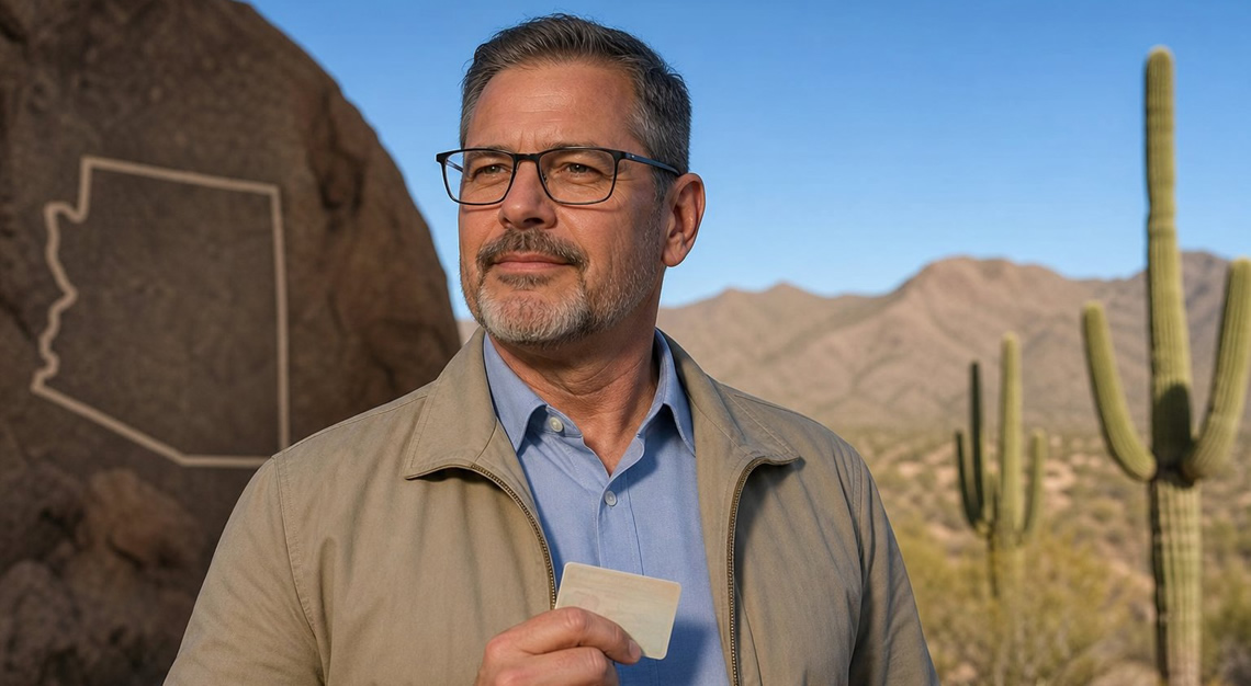 A middle-aged person standing outdoors near desert plants holding a concealed carry permit card with a calm expression.
