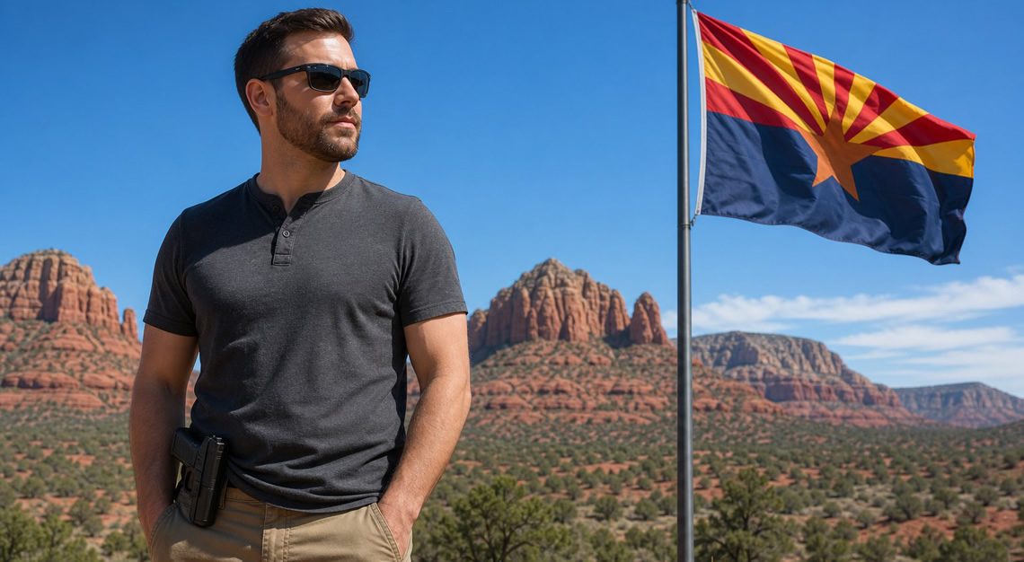 Person standing outdoors in an Arizona desert landscape with red rocks and a clear sky, carrying a handgun in a holster and an Arizona state flag nearby.