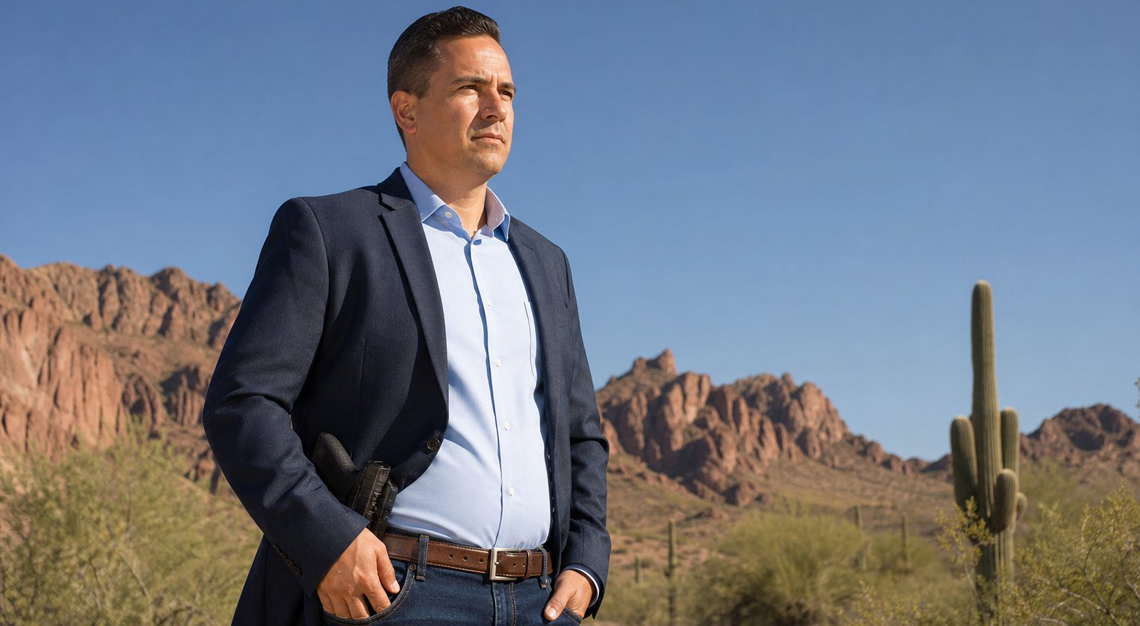 An adult person standing outdoors in Arizona with a holstered handgun at their side, surrounded by desert plants and clear sky.