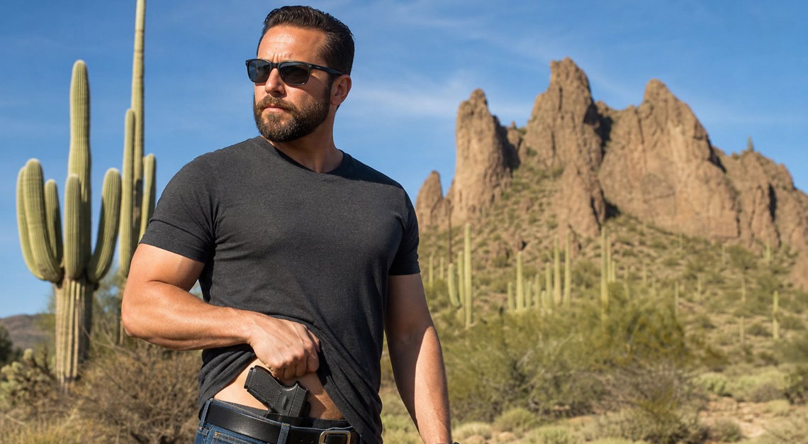 A person outdoors in a desert setting with a concealed handgun holstered inside their waistband.