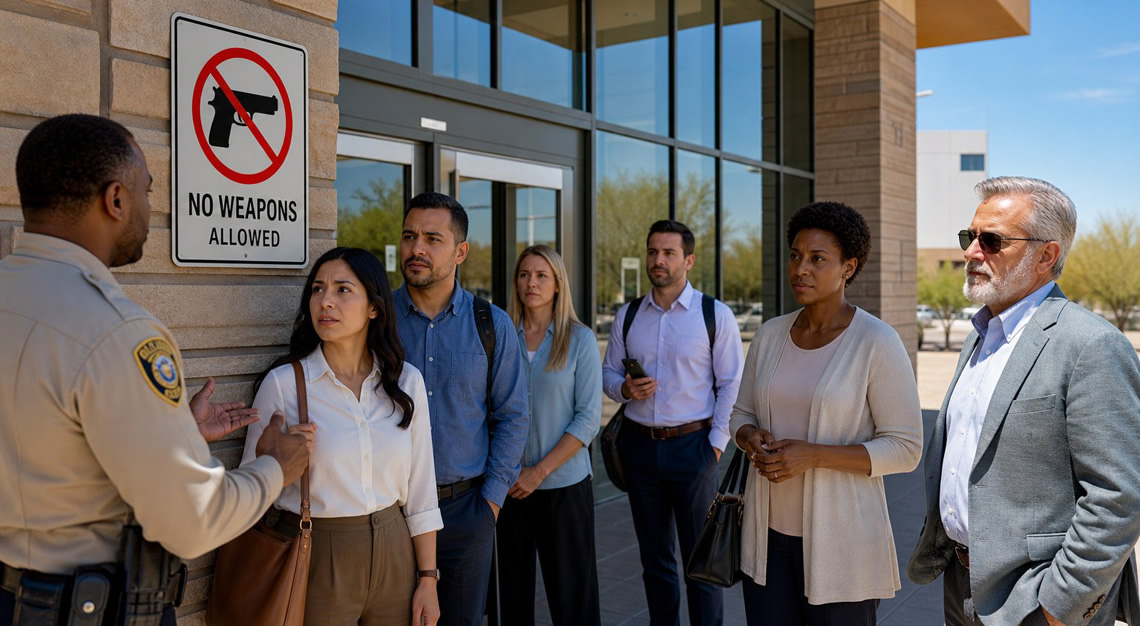 A group of adults standing outside a building with a security guard nearby, indicating a no-weapons policy.