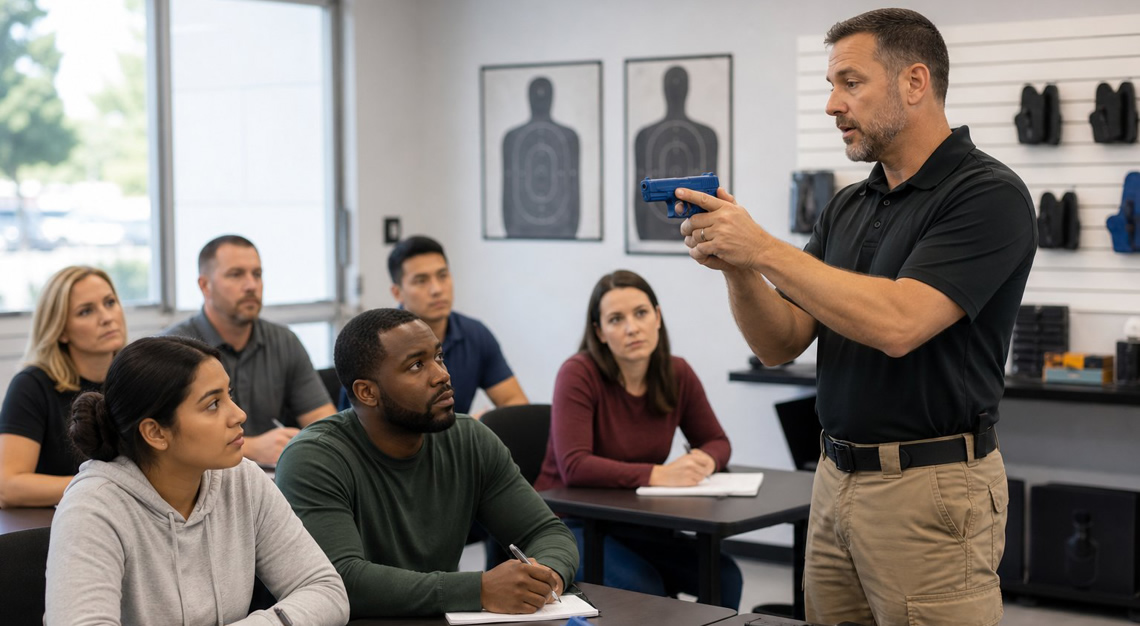 A group of adults attending a firearm safety training session with an instructor demonstrating handling techniques in a bright classroom.