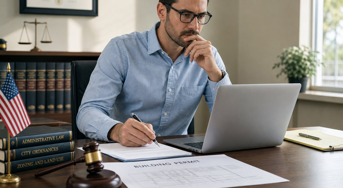 An adult person sitting at a desk reviewing documents and using a laptop in a modern office setting.