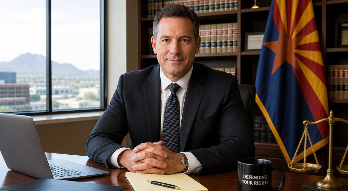 A lawyer sitting at a desk in an office with law books and an Arizona flag in the background.