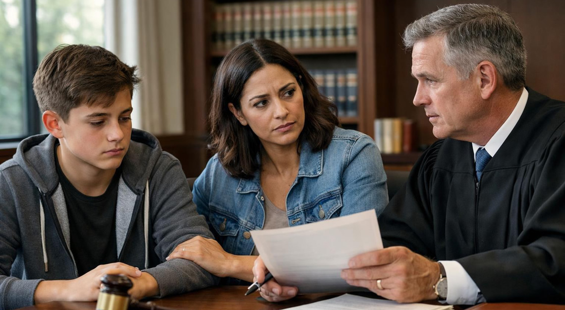 A young teenager, a parent, and a lawyer discussing legal documents in a courtroom or legal office.