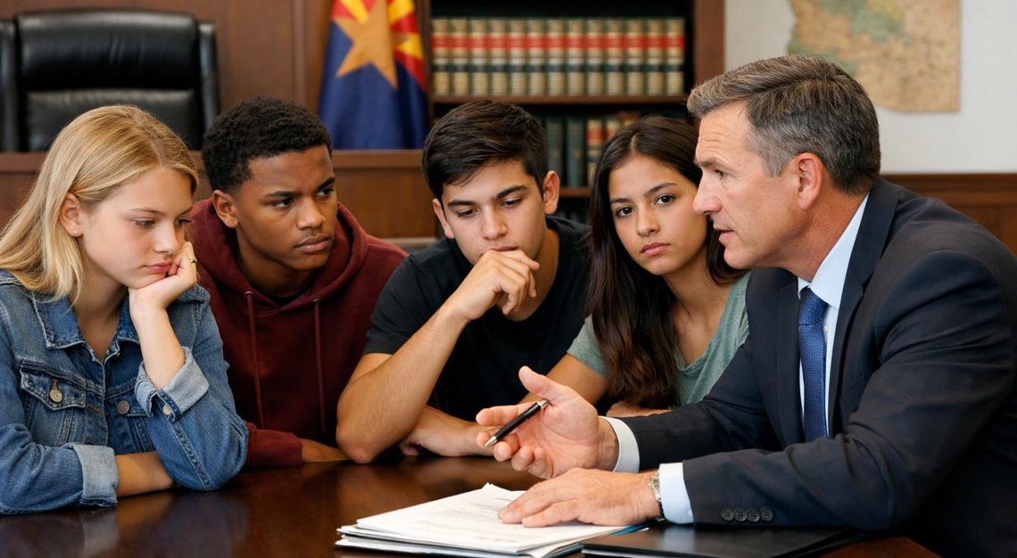 A group of teenagers and a legal professional in a courtroom setting discussing legal matters.