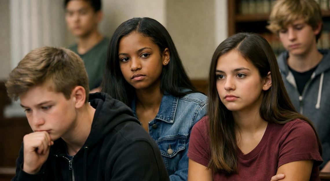A group of teenagers in a courthouse hallway looking thoughtful and serious.