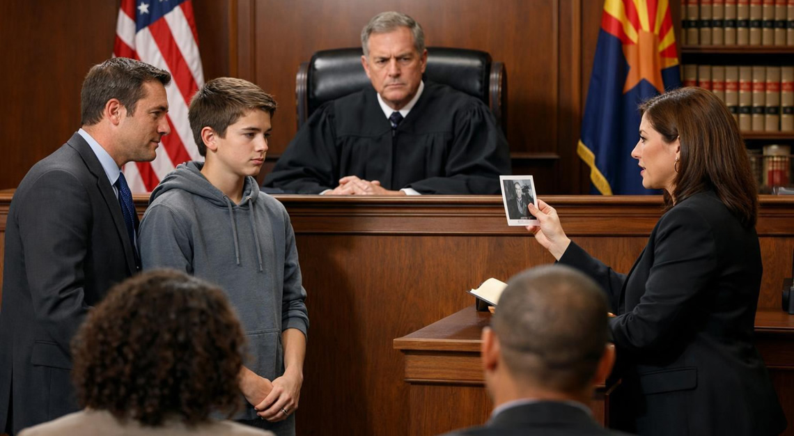 A courtroom scene with a judge, a young teenager with a lawyer, and a prosecutor discussing a legal case.