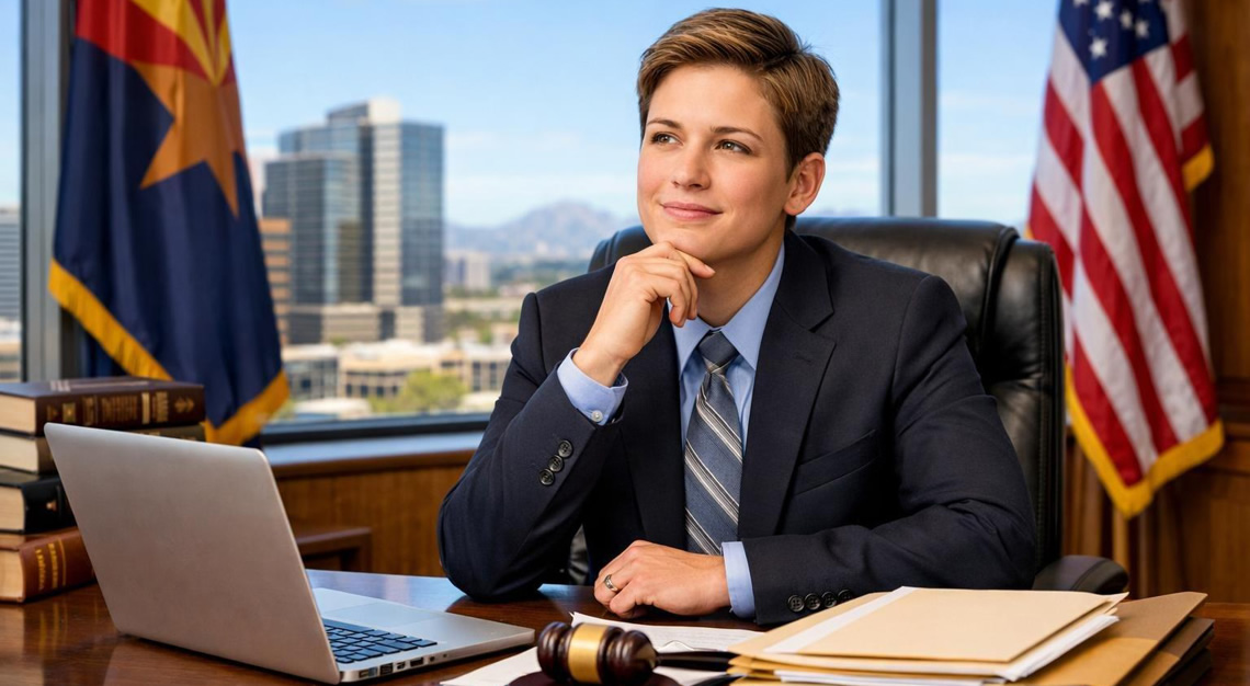 A confident attorney sitting at a desk in a modern office with legal books and a laptop, looking thoughtful and professional.