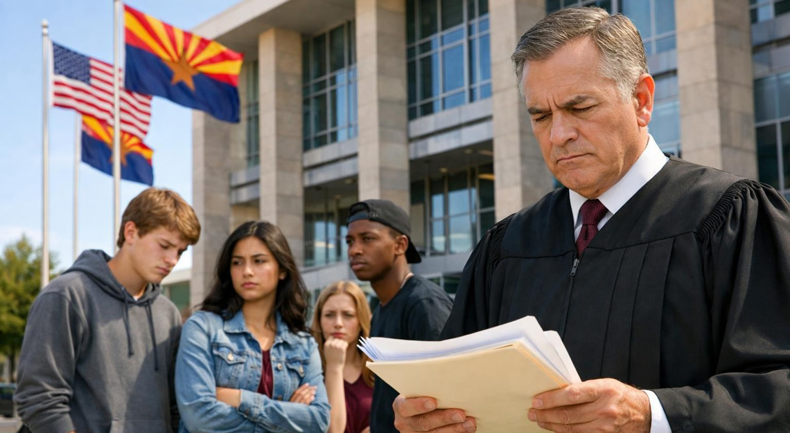 A group of teenagers standing outside a courthouse with a judge reviewing documents nearby.