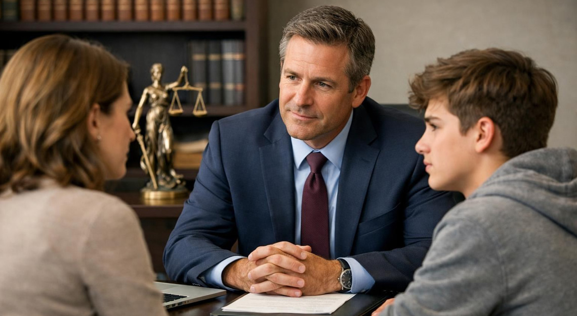 A lawyer consulting with a parent and a teenager in a law office.