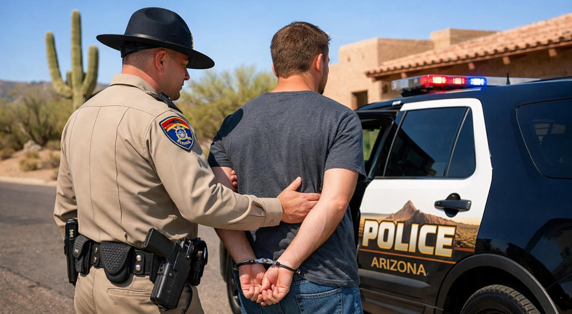 A police officer in Arizona uniform escorting a handcuffed person to a police car on a sunny street with desert plants and Southwestern buildings in the background.