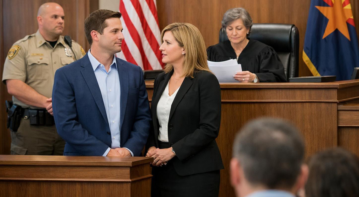 A person standing with their attorney in a courtroom during an initial appearance hearing with a judge and bailiff present.