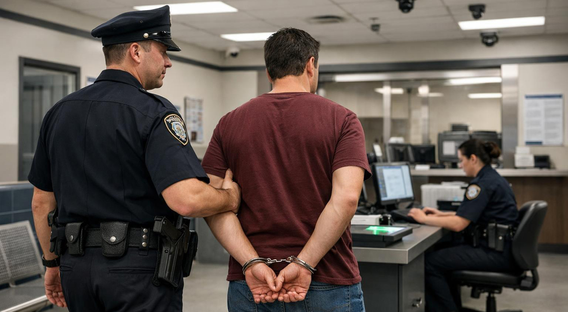 A police officer escorting a handcuffed person into a police station booking area with security cameras and officers working in the background.